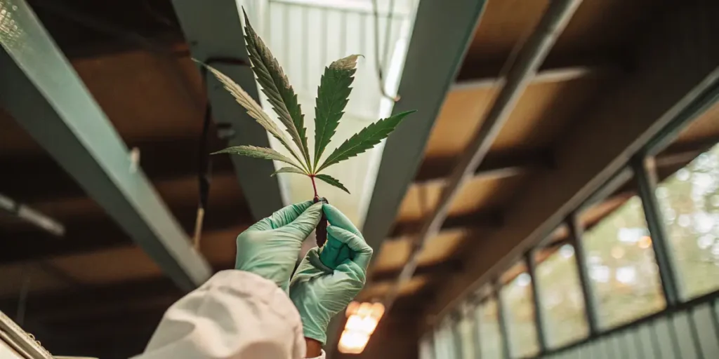 Laboratory technician holding a cannabis leaf with blue gloves in a bright research facility.