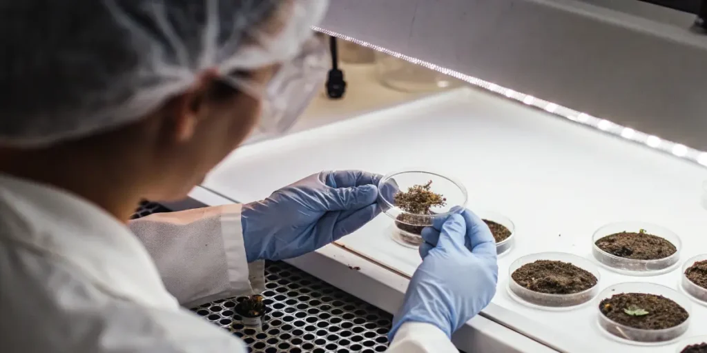 Laboratory researcher with gloves and hairnet inspecting cannabis samples in petri dishes inside a sterile testing environment.