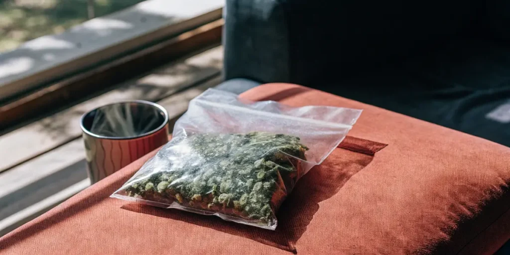 Sealed plastic bag containing cannabis buds placed on a cushioned surface in soft indoor natural light.