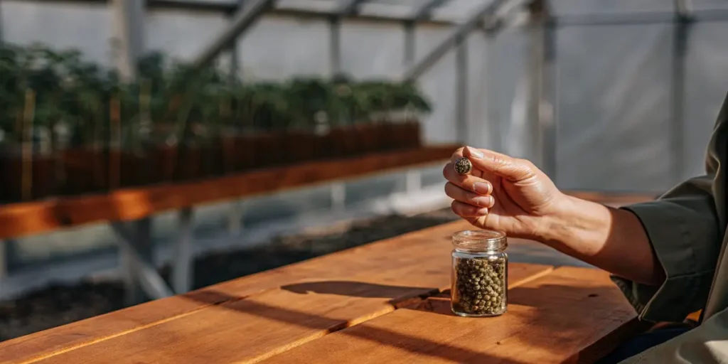 Hand selecting cannabis seeds from a small glass jar on a wooden table inside a greenhouse.