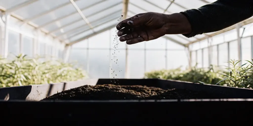 Gardener sprinkling soil over prepared cannabis seedbeds inside a greenhouse.