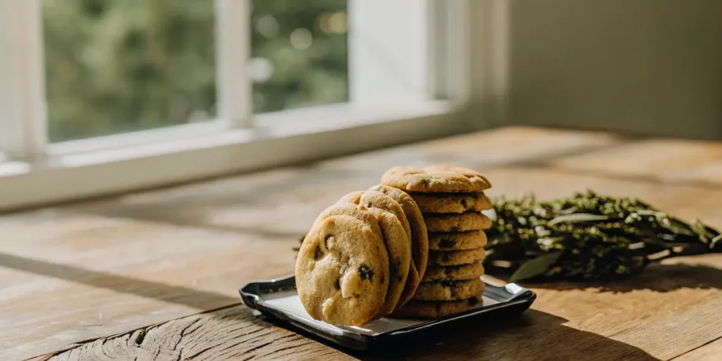 Stack of cannabis chocolate chip cookies on a small black plate with dried cannabis leaves in the background on a wooden table.