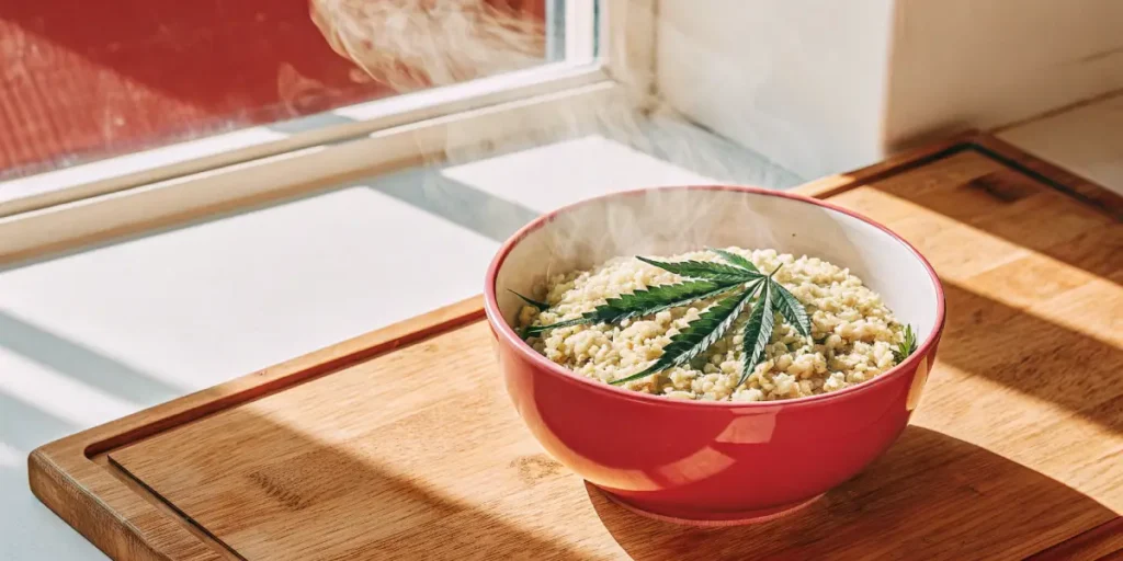 Red bowl of steaming cannabis rice garnished with a fresh cannabis leaf on a wooden board by the window.
