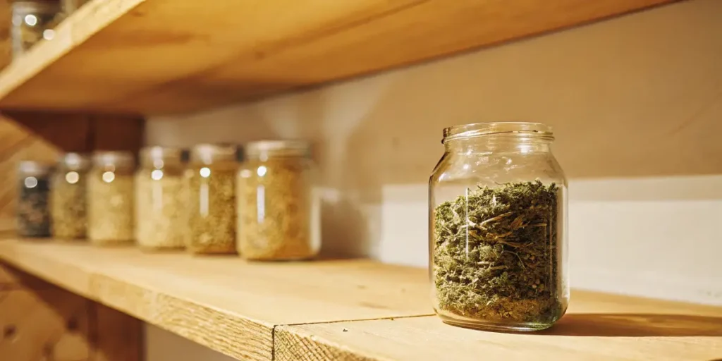 Dried cannabis buds stored in a glass jar on a wooden shelf, showcasing an organized curing and storage setup designed to maintain quality, texture, and cannabinoid stability.