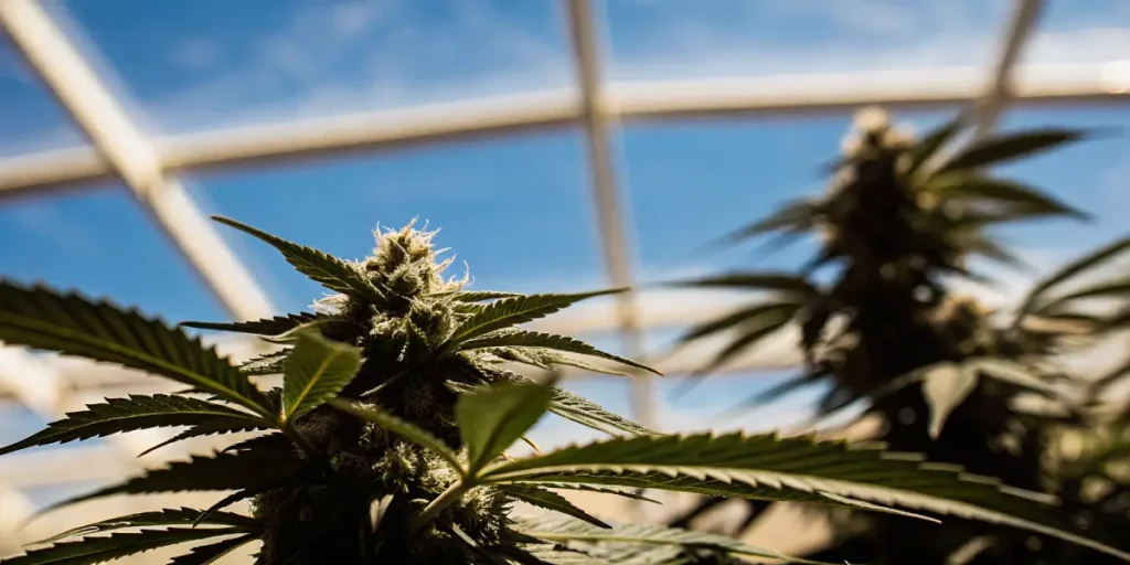 Cannabis buds developing under sunlight in a greenhouse cultivation environment.