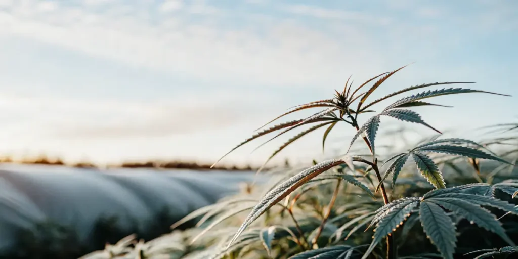 Cannabis leaves glowing in soft sunrise light in an outdoor field cultivation