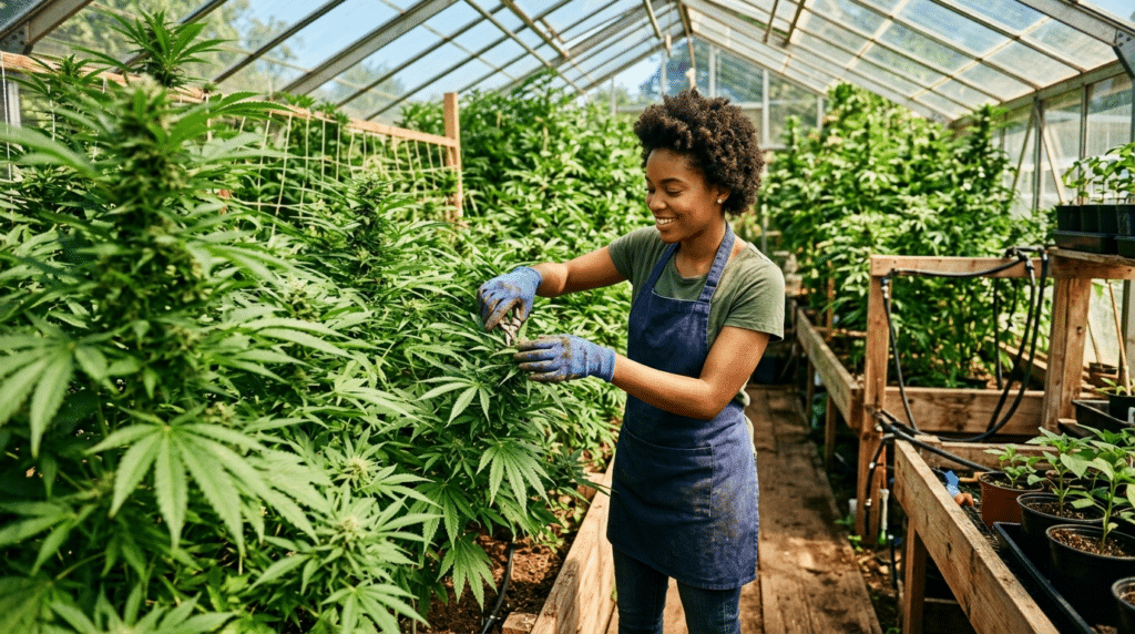 THC-free CBD greenhouse cultivation with a grower tending lush cannabis plants in a sunlit indoor grow space.