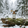 THC-free CBD tincture winter forest scene with dropper bottle on a mossy log surrounded by snow-covered trees.
