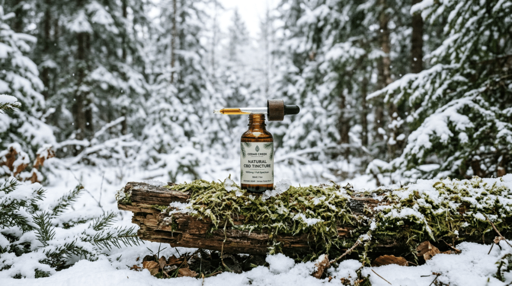 THC-free CBD tincture winter forest scene with dropper bottle on a mossy log surrounded by snow-covered trees.