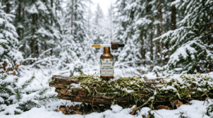 THC-free CBD tincture winter forest scene with dropper bottle on a mossy log surrounded by snow-covered trees.