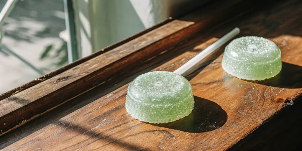 Two translucent green THC-infused hard candies on a wooden surface near a window in natural sunlight.