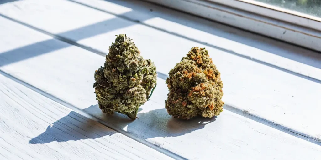 Two dense cannabis buds resting on a white wooden surface under natural sunlight, showing green and orange trichomes.