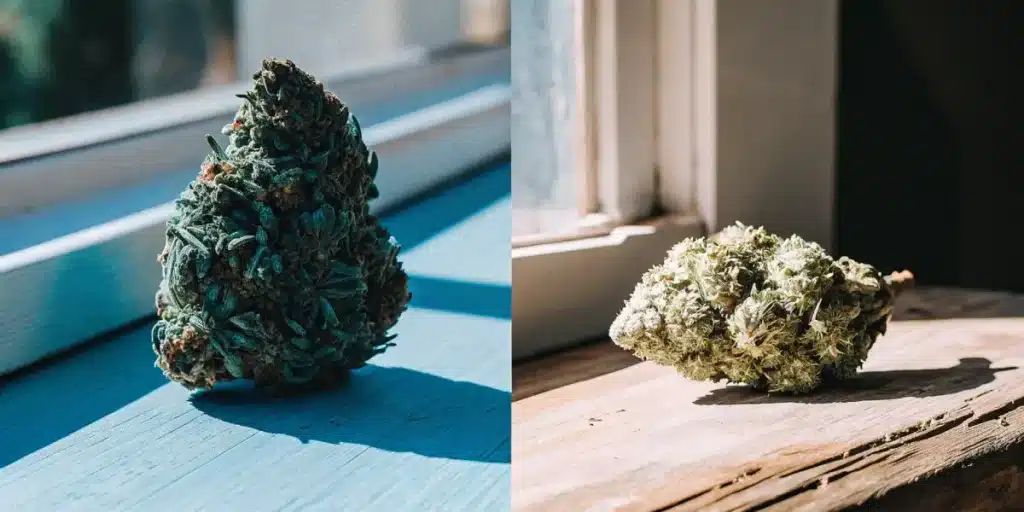 Two different cannabis buds displayed side by side on wooden surfaces near a window under natural light.