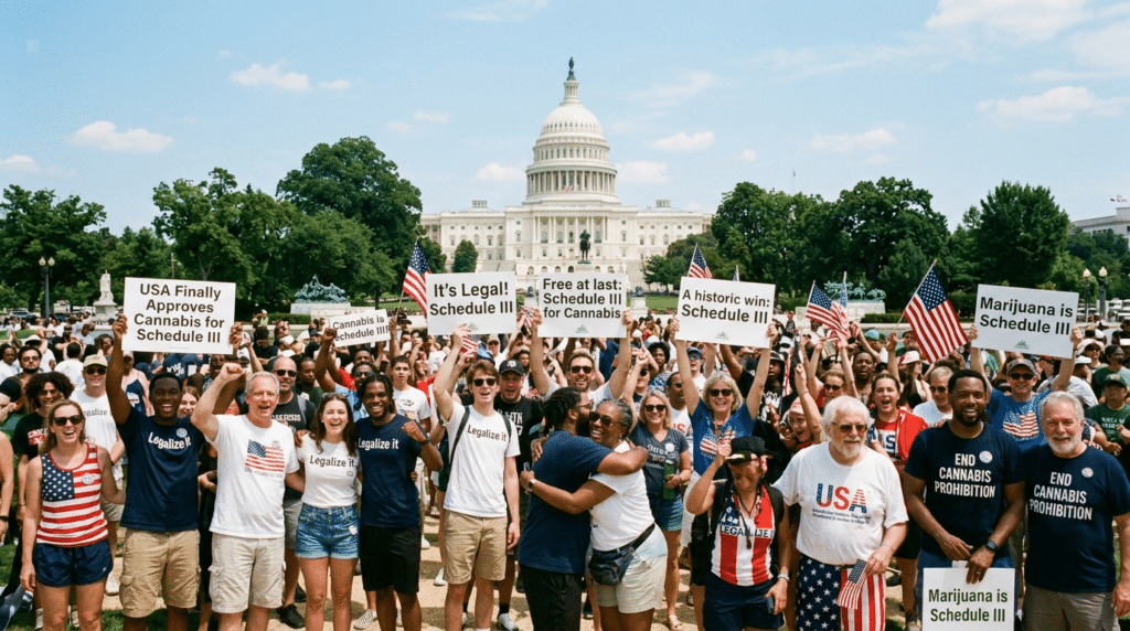 USA finally approves cannabis for Schedule III rally at the U.S. Capitol with cheering crowd, protest signs, and American flags.