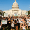 USA finally approves cannabis for Schedule III celebration outside the U.S. Capitol with supporters holding reform signs.