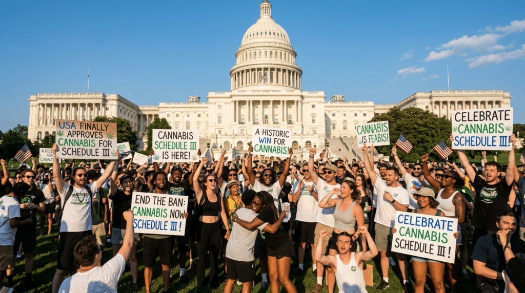 USA finally approves cannabis for Schedule III celebration outside the U.S. Capitol with supporters holding reform signs.