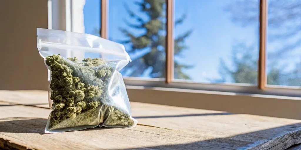 Vacuum sealed cannabis buds in a transparent bag placed on a wooden surface near a window with natural sunlight.