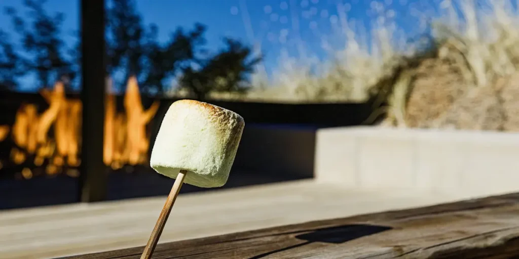 Weed edible marshmallow on a stick in front of a glowing outdoor fireplace at night