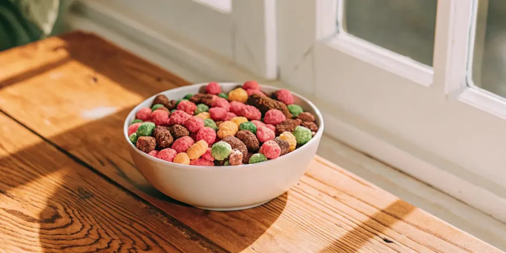 Weed-infused fruity cereal in a white bowl on a wooden surface by a bright window.