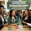 Women Grow cannabis leadership summit networking event with professionals talking at a conference booth.