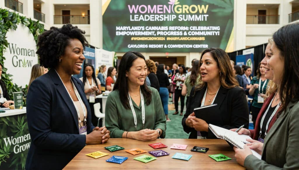 Women Grow cannabis leadership summit networking event with professionals talking at a conference booth.
