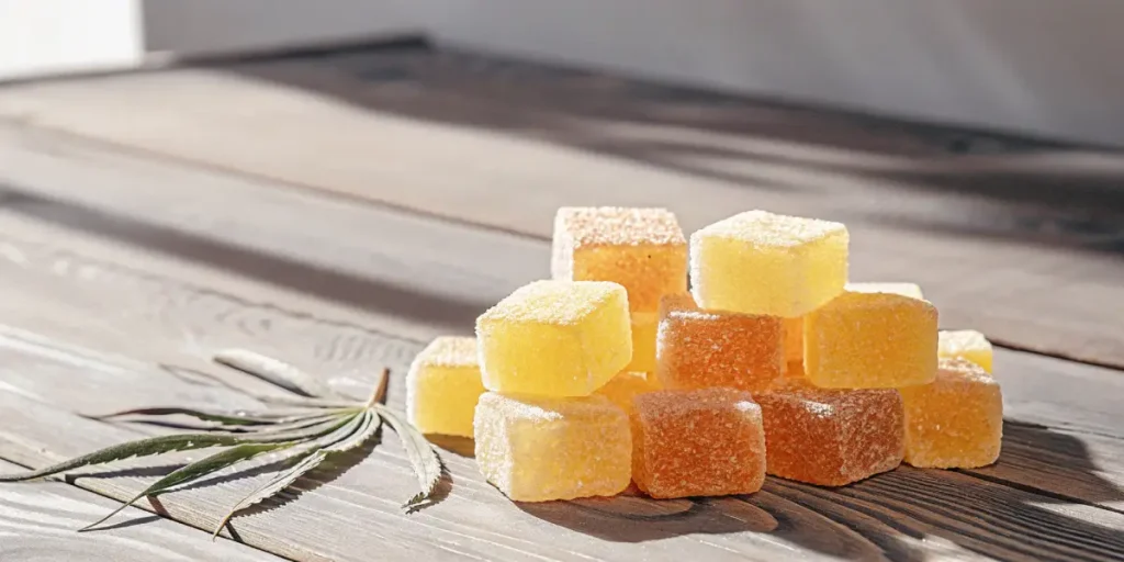 Stack of yellow and orange THC gummy cubes with sugar coating placed on a wooden surface beside a cannabis leaf.