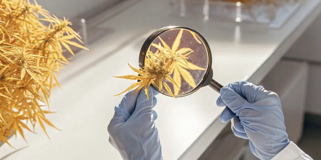 Close-up of a cannabis bud showing yellow leaves during late flowering, examined with a magnifying glass to assess plant health, maturity, and trichome development in a controlled lab setting.