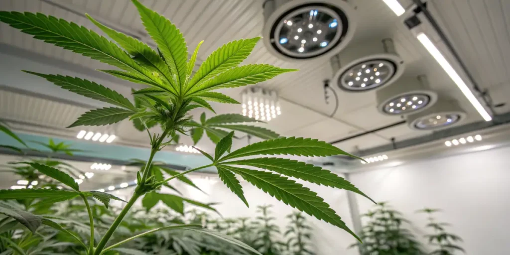 Advanced indoor cannabis cultivation lighting illuminating young cannabis plants in a modern controlled grow facility.