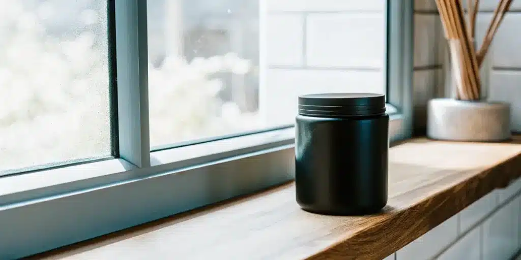 Matte black airtight cannabis storage jar placed on a windowsill with natural light.