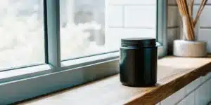 Matte black airtight cannabis storage jar placed on a windowsill with natural light.