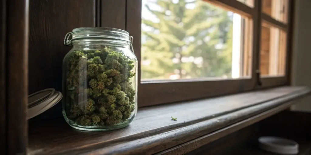 Airtight glass jar packed with cannabis buds near window with natural light.