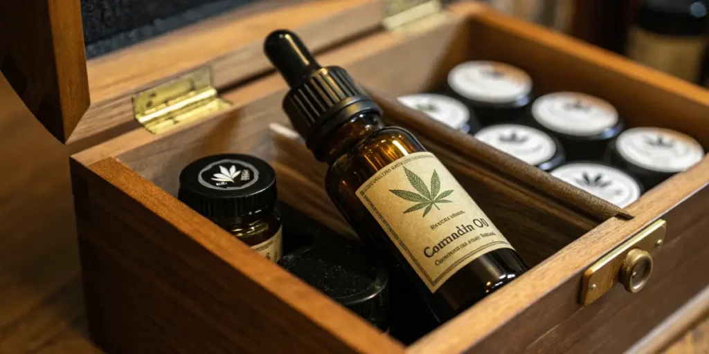 Amber cannabis oil dropper bottle inside wooden case with small storage jars.