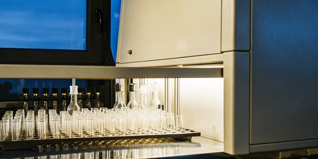 Automated laboratory system organizing and filling multiple glass vials in testing environment.