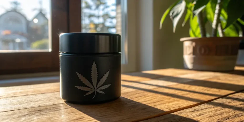 Black cannabis storage jar with leaf logo placed on wooden table in sunlight.
