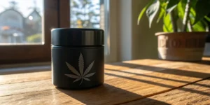 Black cannabis storage jar with leaf logo placed on wooden table in sunlight.
