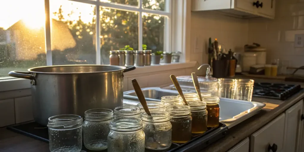 Boiling water sterilizing glass jars on a kitchen stove with sunlight coming through a window.