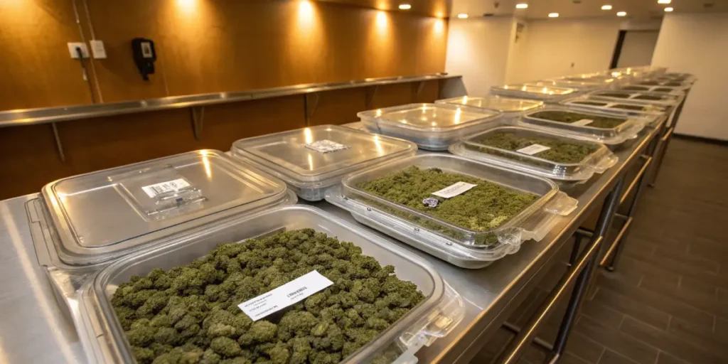 Multiple containers filled with cannabis buds arranged in industrial storage room.