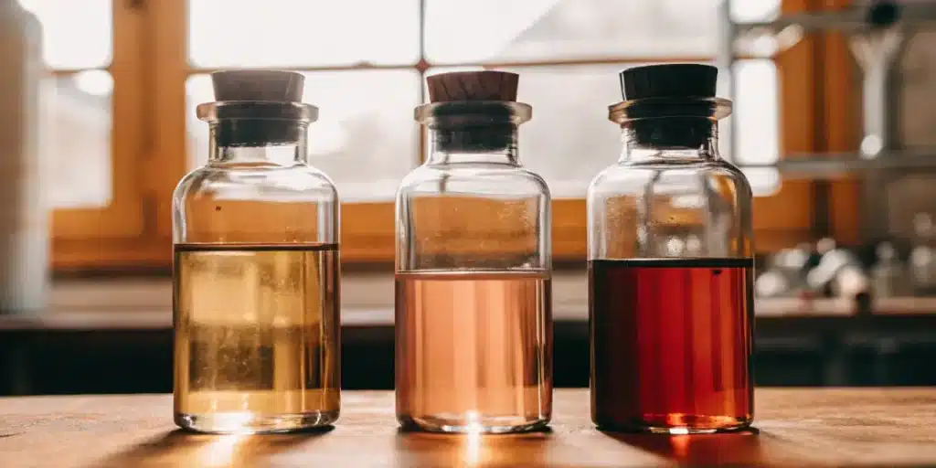 Glass vials containing cannabinoid oil samples with varying colors and clarity.
