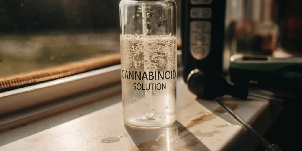 Glass vial labeled cannabinoid solution with bubbles under natural light in laboratory setting.