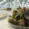 Cannabis bud lab testing contamination showing cannabis flowers placed in a petri dish for microbial analysis.