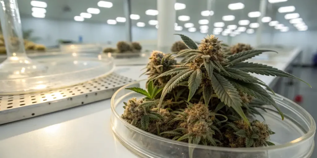 Cannabis bud lab testing contamination showing cannabis flowers placed in a petri dish for microbial analysis.