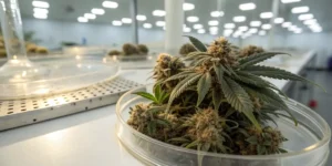 Cannabis bud lab testing contamination showing cannabis flowers placed in a petri dish for microbial analysis.