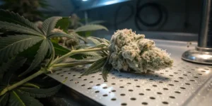 Cannabis bud mold contamination close up showing a flower covered with powdery mildew in a grow room.