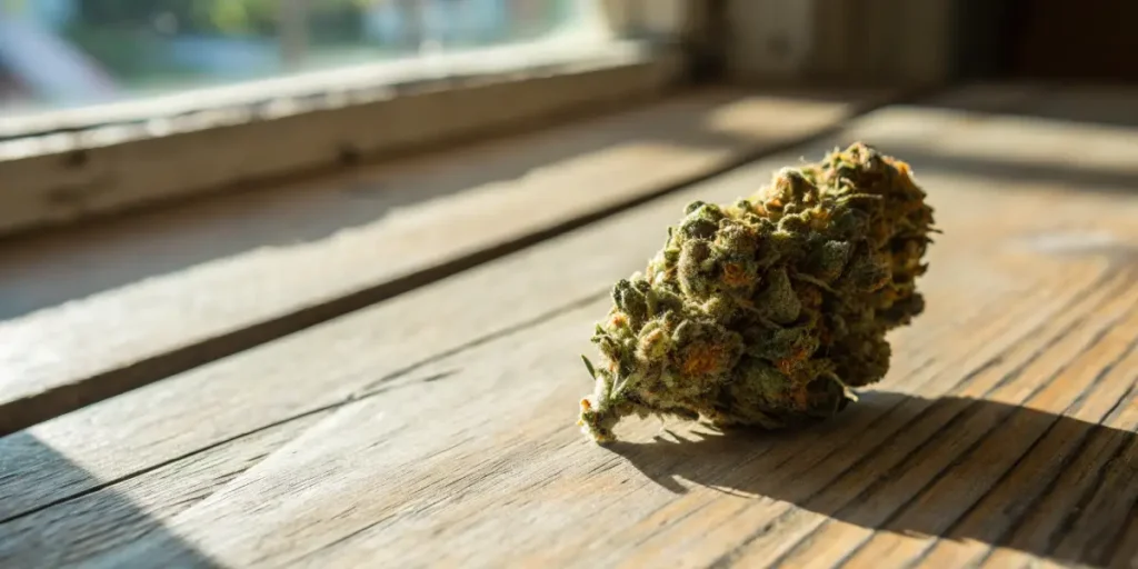 Cannabis bud natural light close-up with a dense nug placed on a wooden surface illuminated by sunlight.