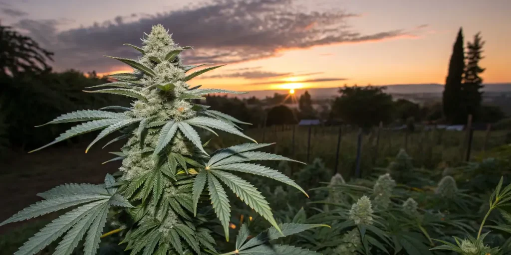 Cannabis bud outdoor sunset close up with a dense frosty flower illuminated by warm evening light.