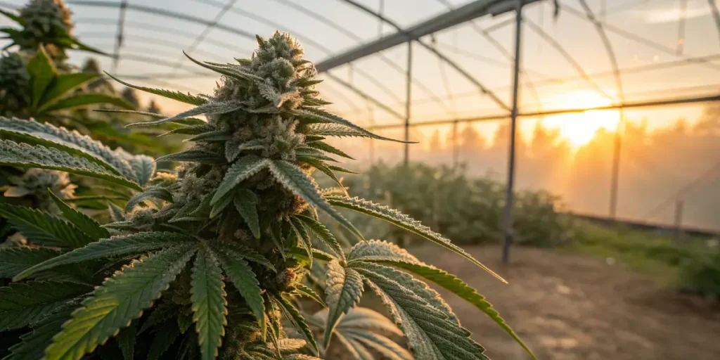 Cannabis bud trichomes greenhouse sunset with a close up of a frosty cannabis flower illuminated by warm sunlight.