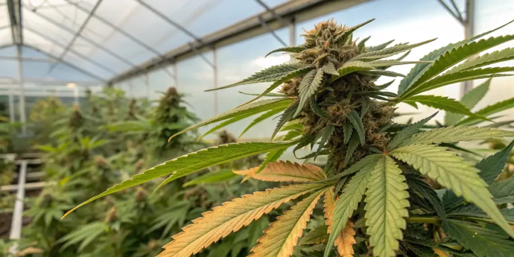 Cannabis bud yellow leaves greenhouse showing a flowering plant with signs of nutrient deficiency.