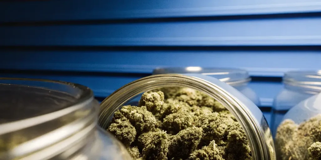 Cannabis buds stored inside glass jars during the curing and preservation process.
