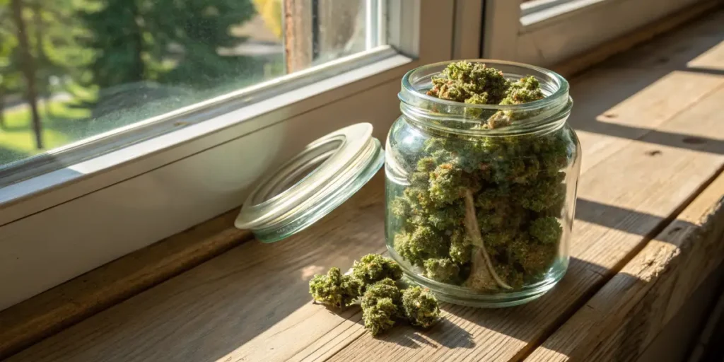 Cannabis buds glass jar natural light with dense dried flowers stored in a transparent container by a window.