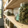 Cannabis buds glass jar shelf storage with dense cured flowers stored in a clear jar on a wooden shelf near natural light.